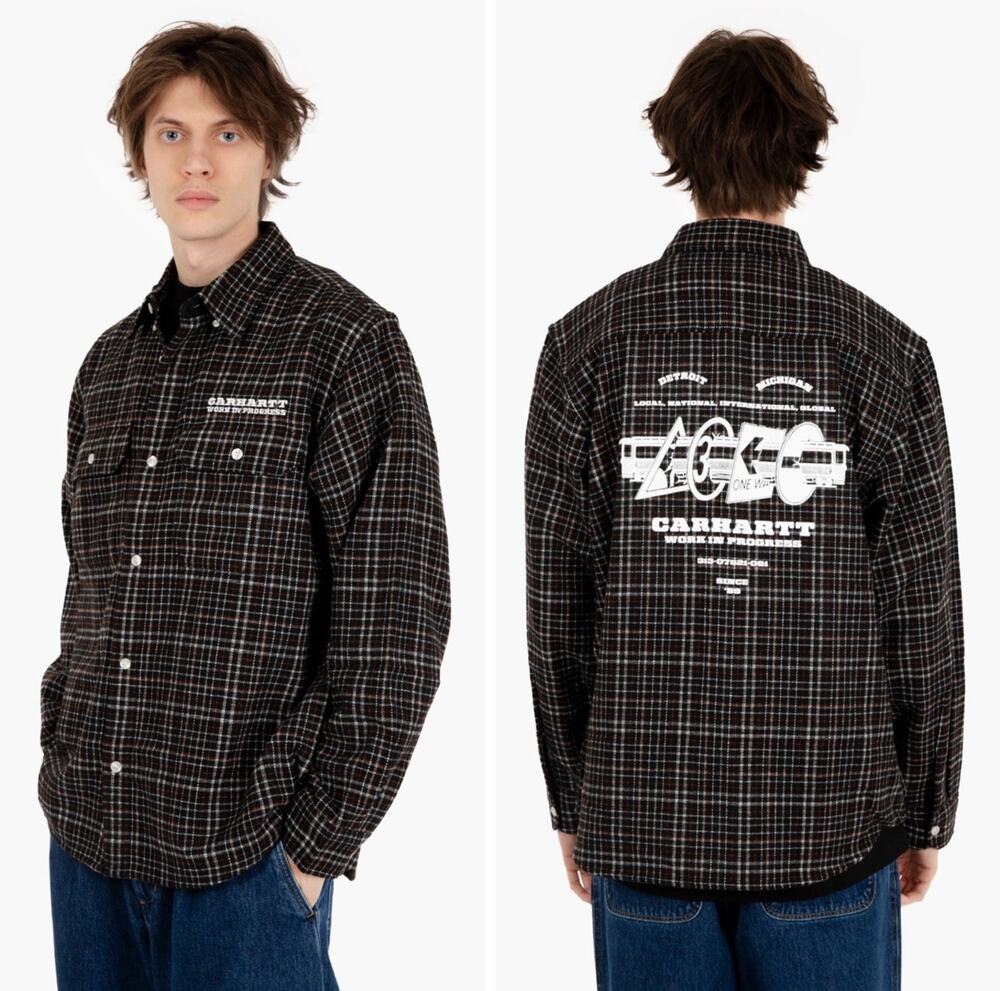 Carhartt WIP Runaway Millett Shirt XL Black Check Wool Blend Graphic Back